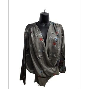 Zara Floral Surplice V-Neck Bodysuit Grey Satin Long Sleeve Snap Crotch Size S